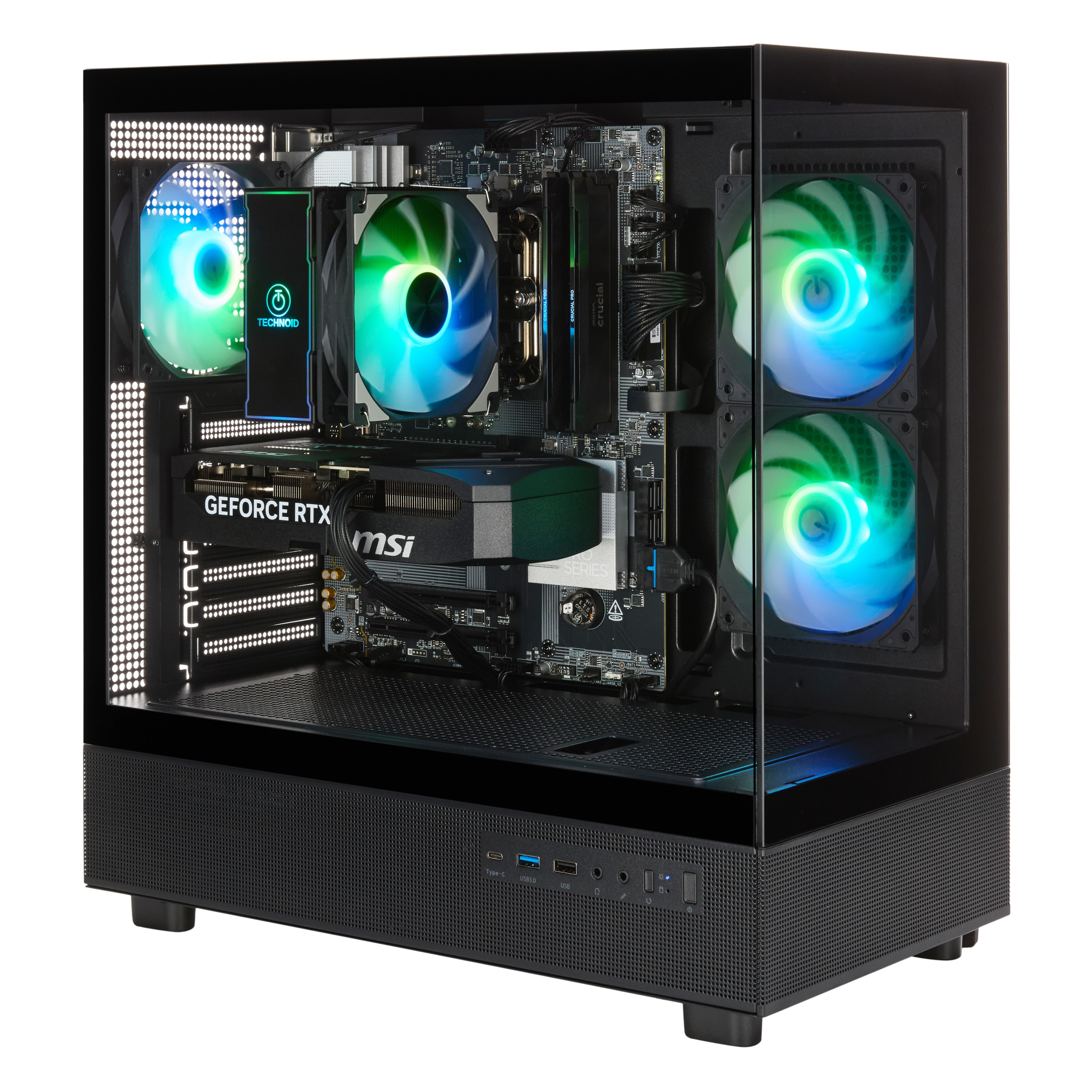 TECHNOID Glass Gaming PC - GeForce RTX 5080 - AMD Ryzen 7 9800X3D - 32GB DDR5 - 1TB SSD - Win 11 PRO - AI Ready - VR Compatible - Wifi Bluetooth - Black