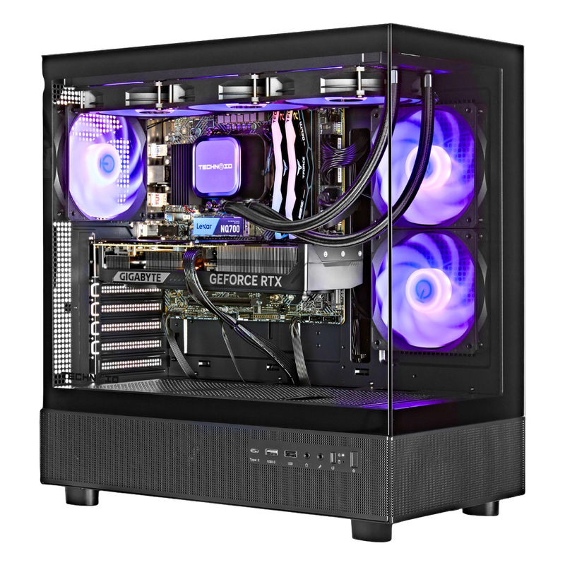 TECHNOID Glass Gaming PC - GeForce RTX 5070 Ti - AMD Ryzen 7 7800X3D - 32GB DDR5 - 2TB SSD - Win 11 PRO - AI Ready - VR Compatible - Wifi Bluetooth - Black