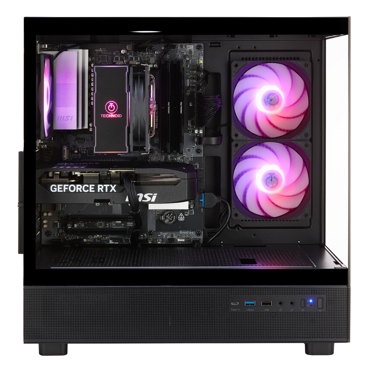 TECHNOID Glass Gaming PC - GeForce RTX 5070 - Intel Core Ultra 7 - 32GB DDR5 - 1TB SSD - Win 11 PRO - AI Ready - VR Compatible - Black