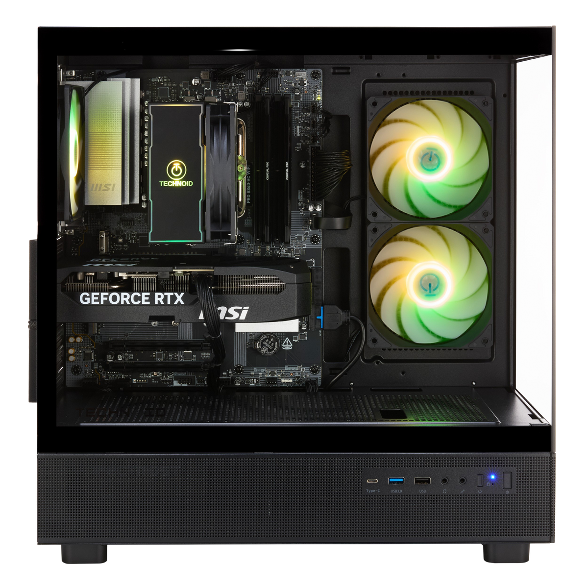 TECHNOID Glass Gaming PC - GeForce RTX 5070 - Intel Core Ultra 7 - 32GB DDR5 - 1TB SSD - Win 11 PRO - AI Ready - VR Compatible - Black