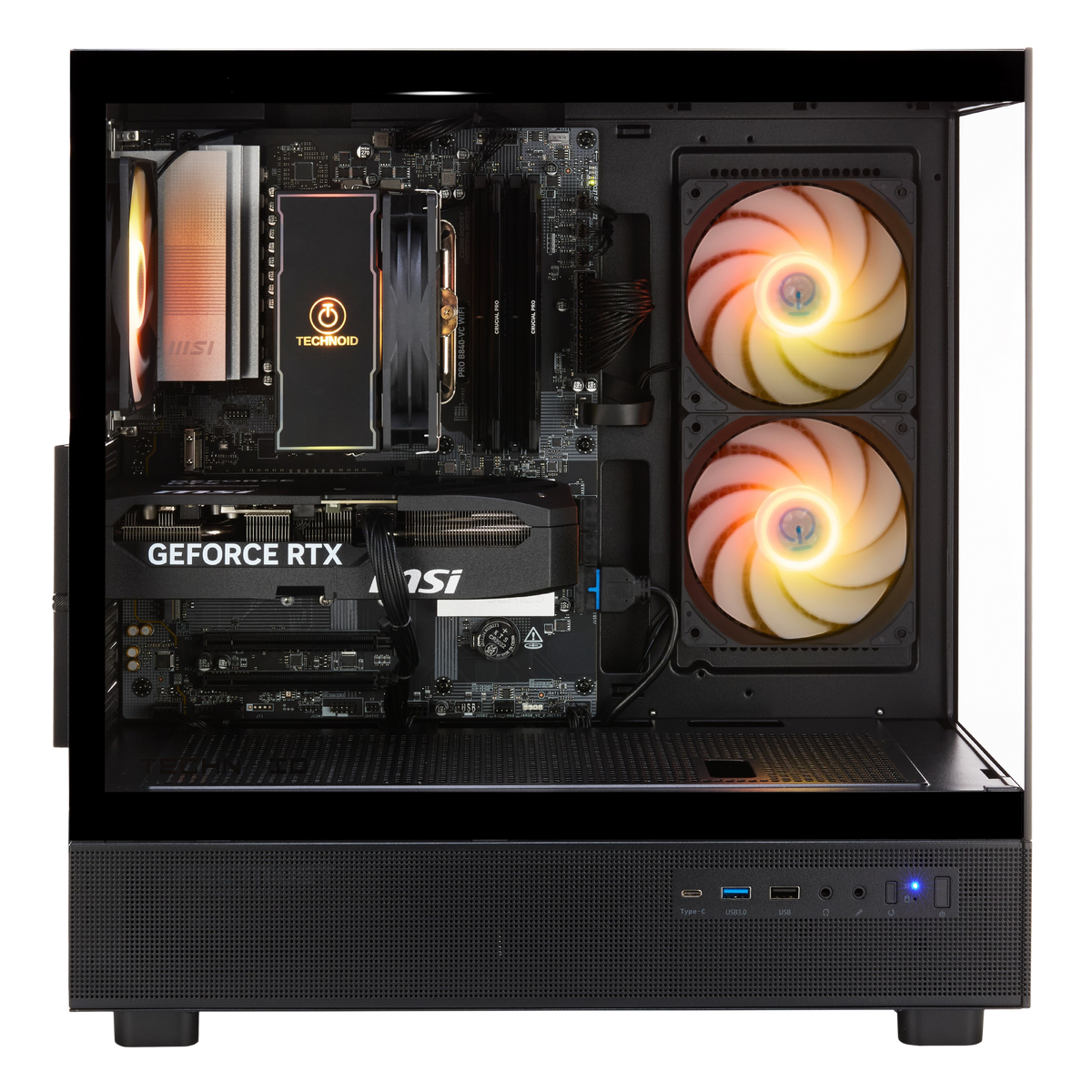 TECHNOID Glass Gaming PC - GeForce RTX 5070 - Intel Core Ultra 7 - 32GB DDR5 - 1TB SSD - Win 11 PRO - AI Ready - VR Compatible - Black