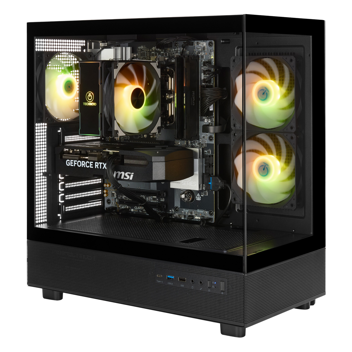 TECHNOID Glass Gaming PC - GeForce RTX 5070 - Intel Core Ultra 7 - 32GB DDR5 - 1TB SSD - Win 11 PRO - AI Ready - VR Compatible - Black