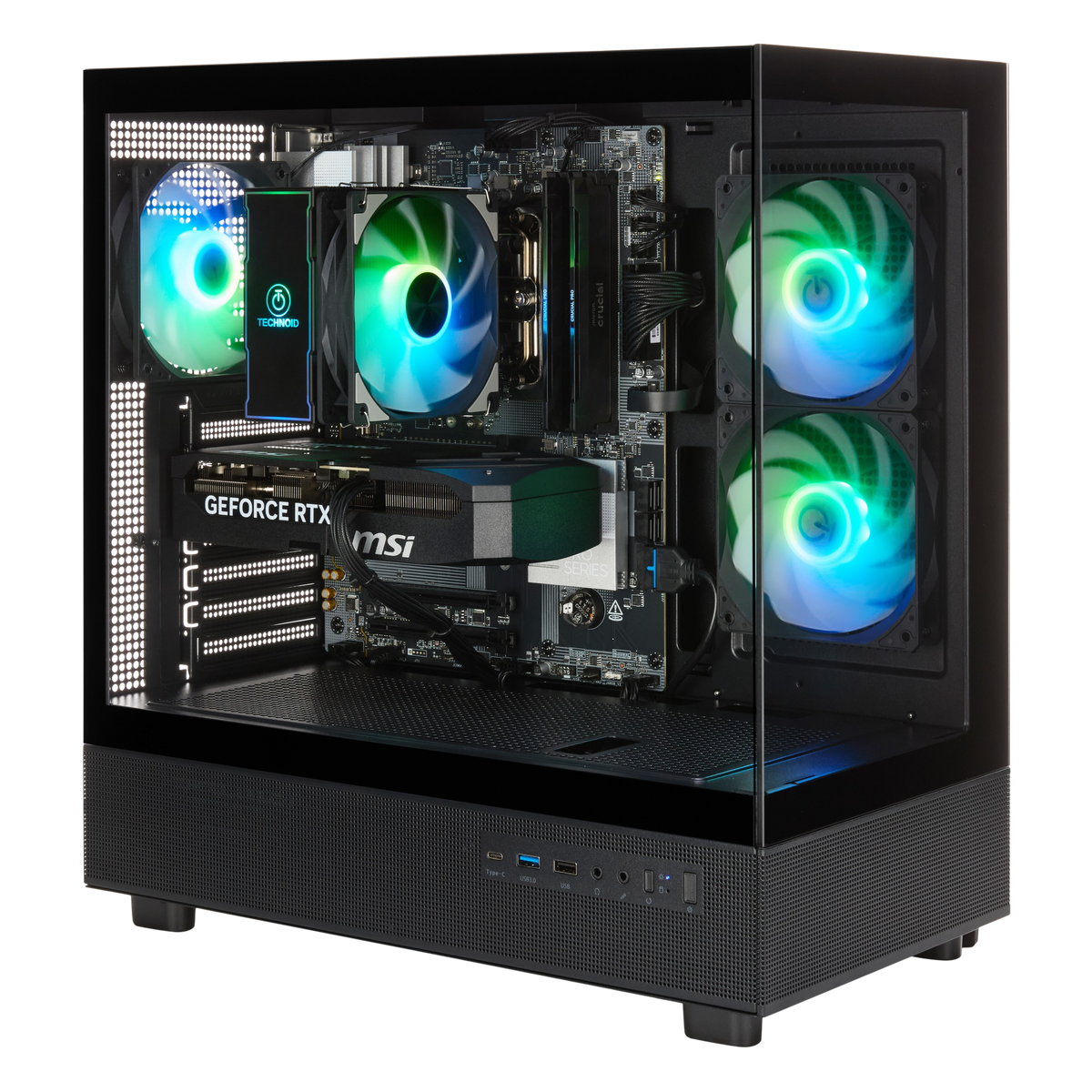 TECHNOID Glass Gaming PC - GeForce RTX 5080 - AMD Ryzen 7 7800X3D - 32GB DDR5 - 1TB SSD - Win 11 PRO - AI Ready - VR Compatible - Wifi Bluetooth - Black