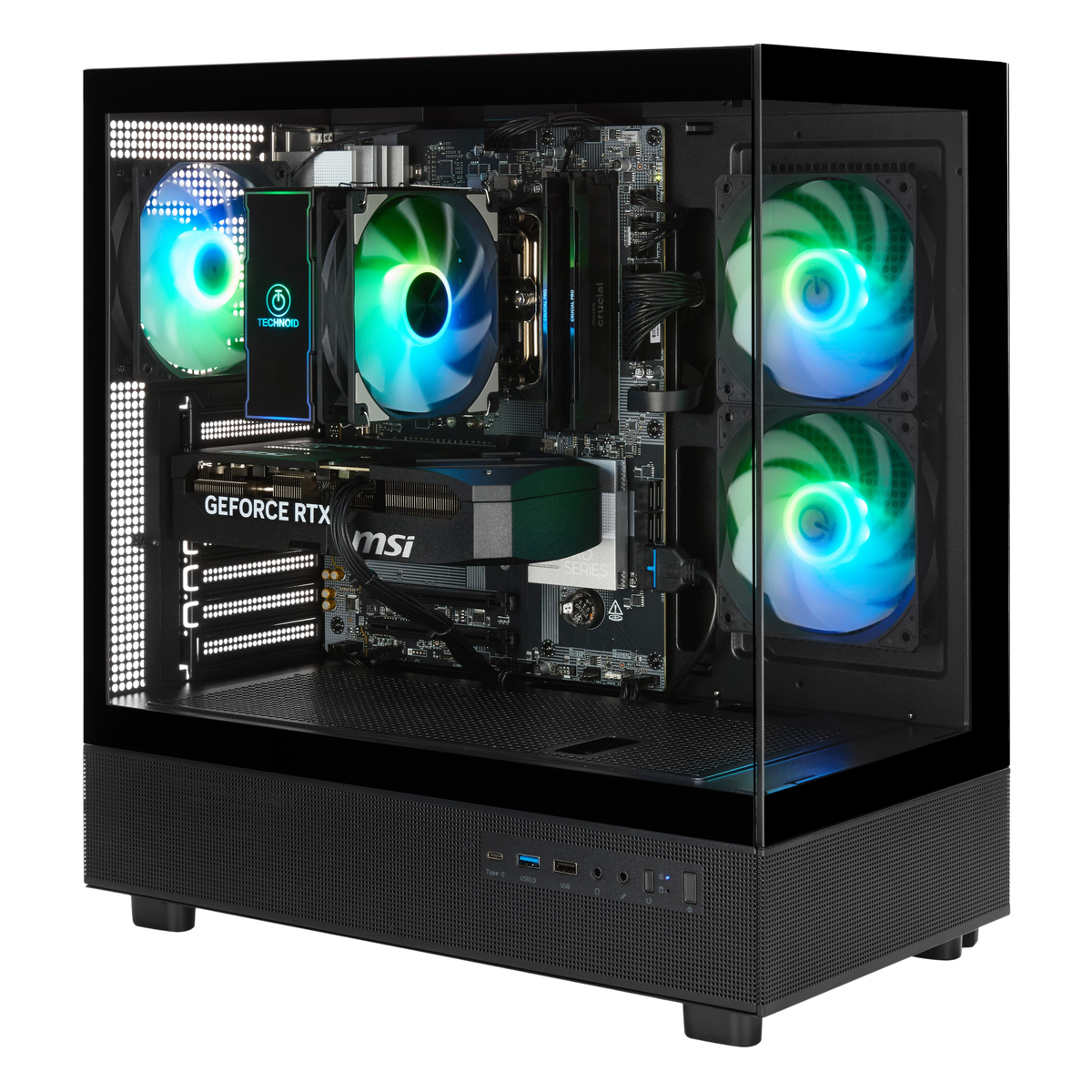 TECHNOID Glass Gaming PC - GeForce RTX 5070 - Intel Core Ultra 7 - 32GB DDR5 - 1TB SSD - Win 11 PRO - AI Ready - VR Compatible - Black