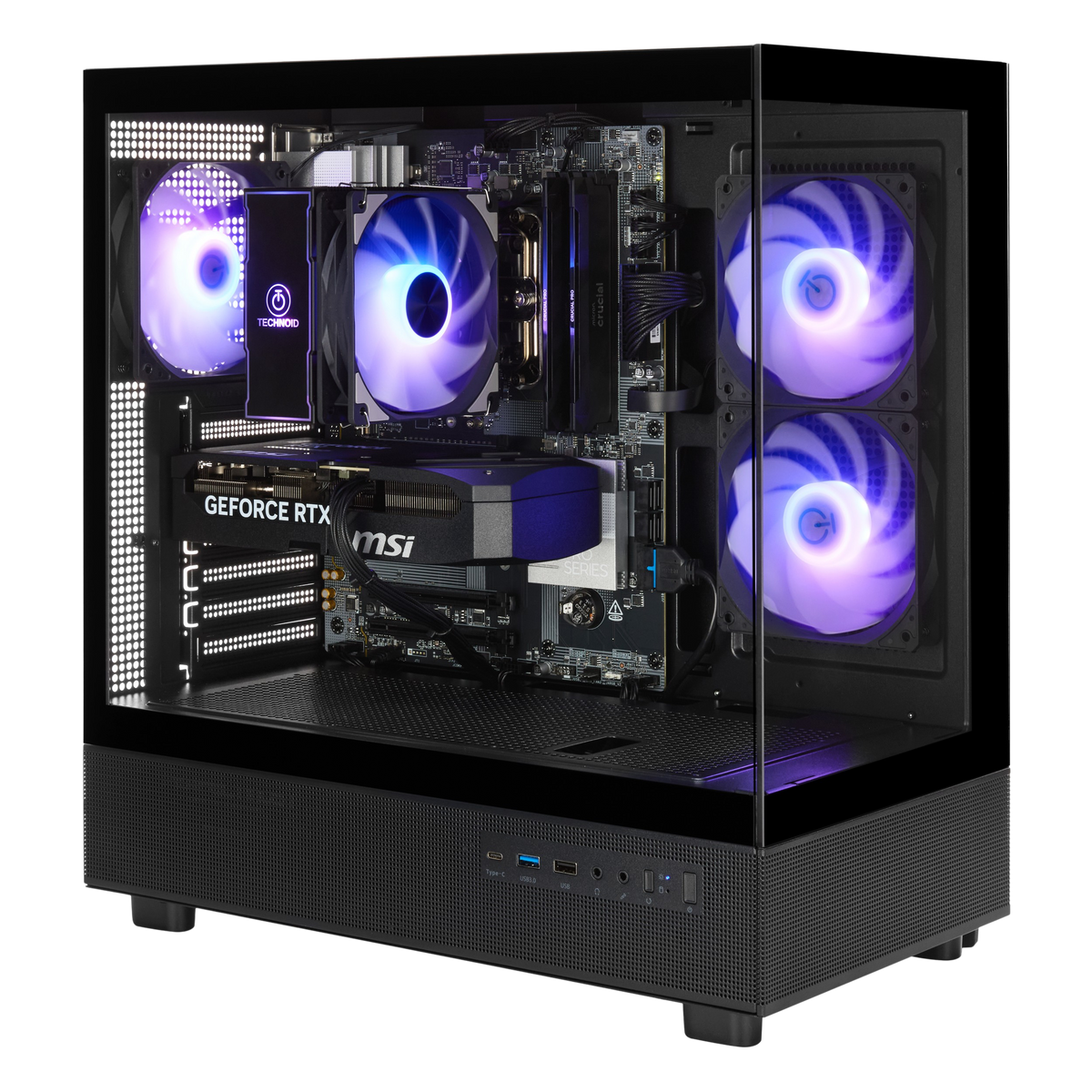 TECHNOID Glass Gaming PC - GeForce RTX 5070 - Intel Core Ultra 7 - 32GB DDR5 - 1TB SSD - Win 11 PRO - AI Ready - VR Compatible - Black