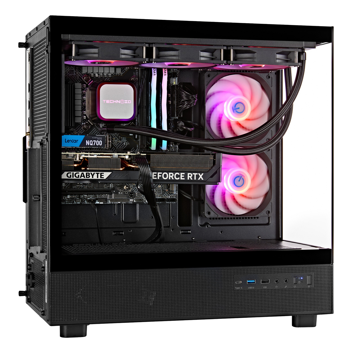 TECHNOID Glass Gaming PC - GeForce RTX 5070 Ti - AMD Ryzen 7 7800X3D - 32GB DDR5 - 2TB SSD - Win 11 PRO - AI Ready - VR Compatible - Wifi Bluetooth - Black