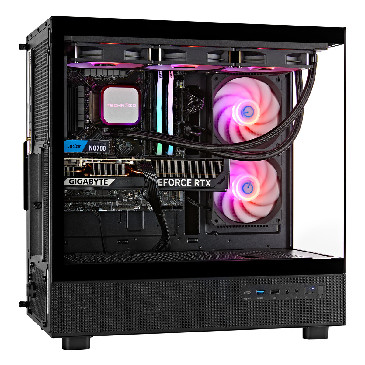 TECHNOID Glass Gaming PC - GeForce RTX 5070 Ti - AMD Ryzen 7 7800X3D - 32GB DDR5 - 2TB SSD - Win 11 PRO - AI Ready - VR Compatible - Wifi Bluetooth - Black
