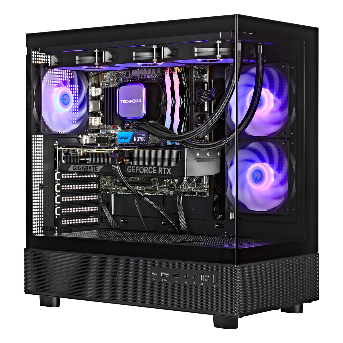 TECHNOID Glass Gaming PC - GeForce RTX 5080 - AMD Ryzen 9 9950X3D - 64GB DDR5 - 2TB SSD - Win 11 PRO - AI Ready - VR Compatible - Wifi Bluetooth - Black