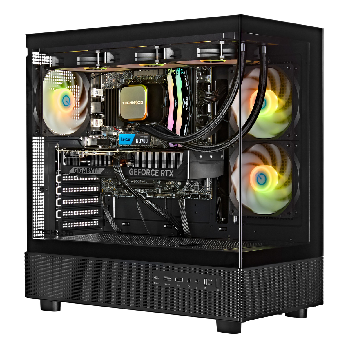 TECHNOID Glass Gaming PC - GeForce RTX 5080 - AMD Ryzen 9 9950X3D - 64GB DDR5 - 2TB SSD - Win 11 PRO - AI Ready - VR Compatible - Wifi Bluetooth - Black