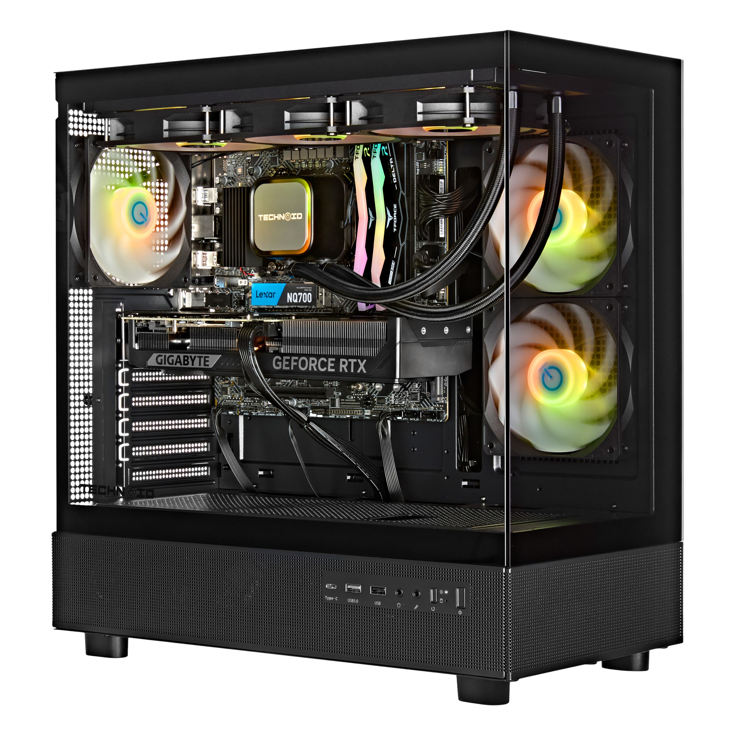 TECHNOID Glass Gaming PC - GeForce RTX 5080 - AMD Ryzen 9 9950X3D - 64GB DDR5 - 2TB SSD - Win 11 PRO - AI Ready - VR Compatible - Wifi Bluetooth - Black