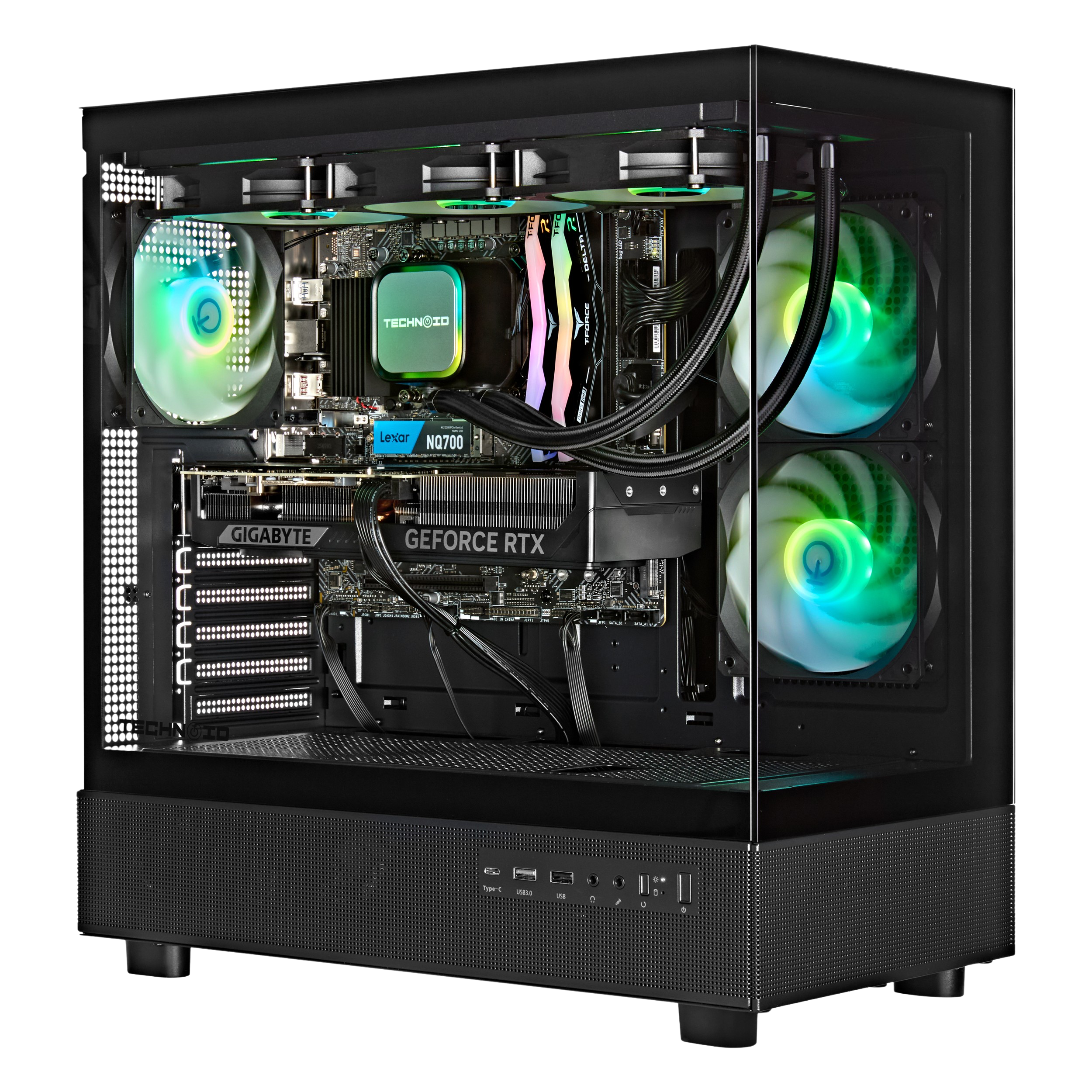 TECHNOID Glass Gaming PC - GeForce RTX 5070 Ti - AMD Ryzen 7 7800X3D - 32GB DDR5 - 2TB SSD - Win 11 PRO - AI Ready - VR Compatible - Wifi Bluetooth - Black